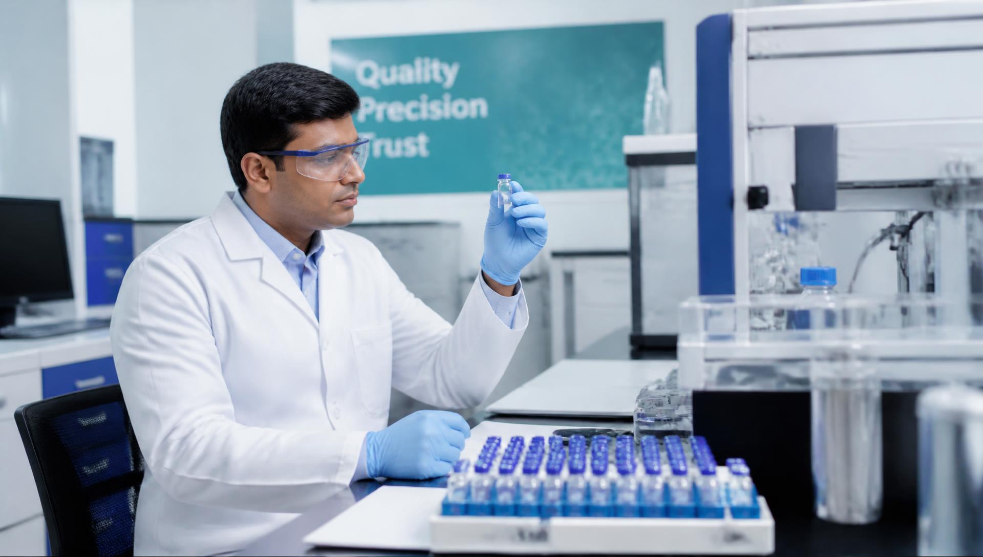 Scientist inspecting a sample vial in a pharmaceutical quality control laboratory